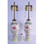 A PAIR OF 19TH CENTURY FRENCH SAMSONS OF PARIS PORCELAIN VASES converted to lamps, Chinese export st