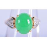 A 14K GOLD, JADE AND DIAMOND RING. Size P, weight 3g
