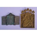 AN 18TH/19TH CENTURY RUSSIAN BRONZE ICON together with another folding icon. Largest 8.5 cm x 11 cm.