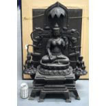 A LARGE 19TH CENTURY INDIAN MIDDLE EASTERN BRONZE FIGURAL GROUP modelled as a seated buddha with one