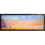 A huge watercolour of a sunset over the sea by Goodison . 183 x 61 cm