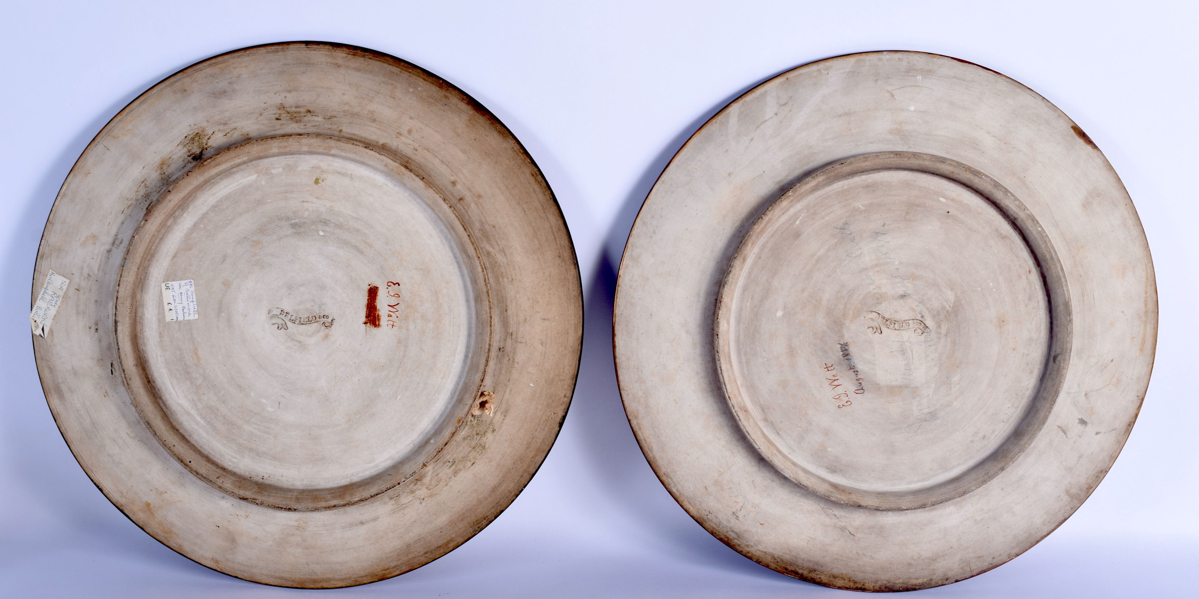 A VERY RARE PAIR OF 19TH CENTURY BELLFIELD & CO TERRACOTTA DISHES painted by E Watt, unusually decor - Image 2 of 5