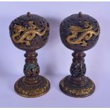 A PAIR F CHINESE BRONZE OPEN WORK CENSERS AND COVERS 20th Century, decorated with dragons. 22 cm hig