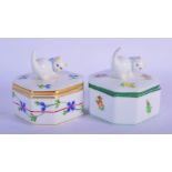 A PAIR OF HUNGARIAN HEREND PORCELAIN BOXES AND COVERS decorated with cats. 5.5 cm wide.