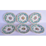Copeland Spode set of six plates beautifully painted with flowers in Sevres style surrounded turquoi