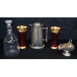 A miscellaneous collection of an antique glass decanter, together with a pair of cranberry glasses,