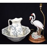 A mid century porcelain wash basin together with a flamenco Capi Di Monte lamp 53cm (3)