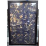 A VERY LARGE 19TH CENTURY CHINESE COUNTRY HOUSE BLUE SILKWORK EMBROIDERED PANEL Qing, depicting figu