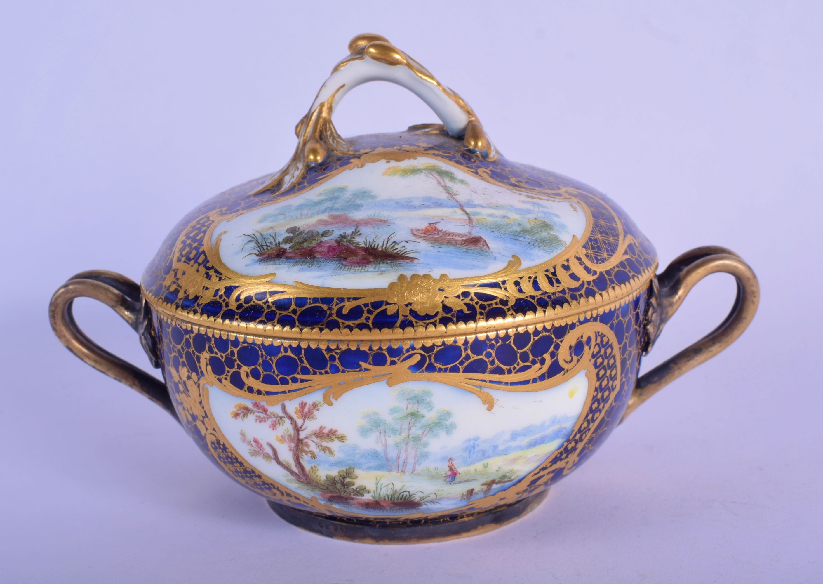 18th c. Sevres ecuelle, cover and stand finely painted with landscape in shaped cartouches surround - Image 2 of 4