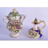 AN EARLY 19TH CENTURY DERBY PORCELAIN JUG AND OVER together with an encrusted vase and cover. Larges