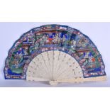 A MID 19TH CENTURY CHINESE CANTON IVORY FAN painted with portraits of figures in landscapes. 52 cm w