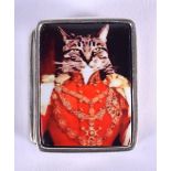 A STERLING SILVER PILL BOX DECORATED WITH A REGAL CAT ON THE TOP. 3.3cm x 2.7cm, weight 21g