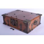 A LARGE 19TH CENTURY ANGLO INDIAN TYPE CARVED WOOD DOCUMENT CASKET overlaid with open work foliage a