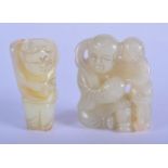 TWO 20TH CENTURY CHINESE CARVED GREEN JADE FIGURES . Largest 4.8cm high (2)