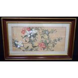 A large framed Chinese Watercolour depicting birds and foliage. 35 x 75cm.