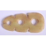A 19TH CENTURY CHINESE CARVED PALE GREEN JADE TRIPLE CIRCULAR AMULET Qing. 7 cm x 3 cm.