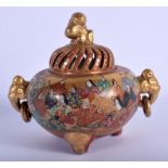 A LATE 19TH CENTURY JAPANESE MEIJI PERIOD SATSUMA CENSER AND COVER painted with figures. 13 cm x 13