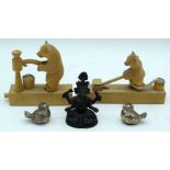 Two push button moving wooden bears together with two plated bird salts and a Bronze Lord Ganesha .