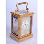 A CONTEMPORARY MINIATURE SEVRES STYLE CARRIAGE CLOCK DECORATED WITH CHERUB PANELS. 8cm high with ha