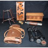 A miscellaneous collection with a pair of military cased binoculars, a vintage drinking flask, toget