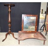 An antique wooden pot stand together with a wooden inlaid mirror and a bed table largest 98 x 45cm (