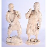 A PAIR OF 19TH CENTURY JAPANESE MEIJI PERIOD CARVED IVORY OKIMONO modelled as warriors upon shaped b