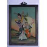 A CHINESE REVERSE PAINTED GLASS PICTURE depicting a female and child holding a peach. 54 cm x 34 cm.