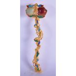 AN EARLY 20TH CENTURY CHINESE JADE AGATE AND BRONZE RUI SCEPTRE Late Qing/Republic, enamelled with b