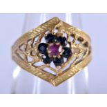 AN ANTIQUE 18CT GOLD, SAPPHINE AND RUBY RING. Size N, weight 4.39g