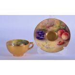 Royal Worcester demi-tasse cup and saucer painted with fruit by Ricketts, both signed, date code 191