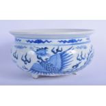 A CHINESE CIRCULAR BLUE AND WHITE PORCELAIN CENSER 20th Century, painted with birds and clouds. 16 c