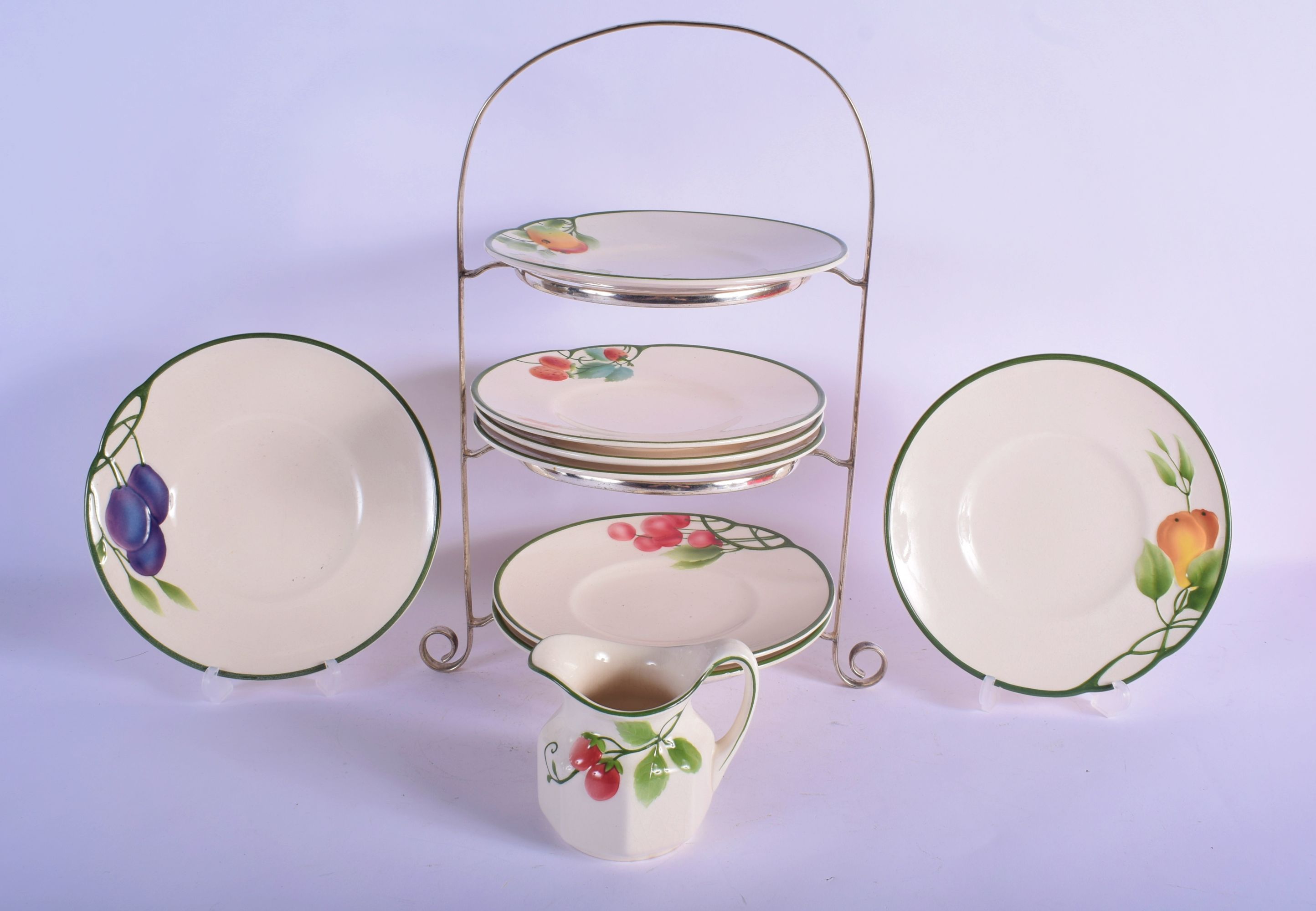 A SET OF VINTAGE CONTINENTAL PORCELAIN PLATES with matching jug and stand, Stand 38 cm high. (qty)