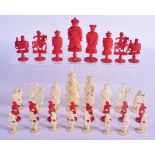 A MID 19TH CENTURY CHINESE STAINED IVORY CHESS SET modelled in various forms upon pedestals. Largest