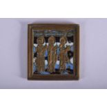 AN ANTIQUE RUSSIAN BRONZE AND ENAMEL ICON decorated with saints. 6 cm square.