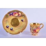 Royal Worcester gadroon bordered coffee cup and saucer panted with fruit by Roberts and Smith, signe