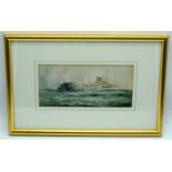 A framed watercolour of a hospital ship with escort by W M Birchall 1919 12 x 25cm.