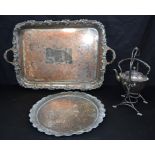 A collection of silver plate including a fine open work tray with a grapevine design to the edge, te