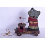 A VINTAGE JUMBO THE ELEPHANT PAINTED WOOD CHILDS PULL ALONG TOY. 22 cm x 28 cm.