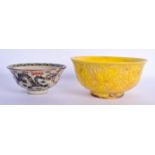 A CHINESE YELLOW GLAZED DRAGON BOWL 20th Century, together with a famille verte dragon bowl. Largest
