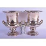 A LARGE PAIR OF ANTIQUE SHFFIELD PLATED TWIN HANDLED WINE COOLERS overlaid with acanthus. 28 cm x 18
