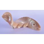 AN UNUSUAL VINTAGE CARVED PEARL SHELL FIGURE OF A COILED FISH. 14 cm x 8 cm.