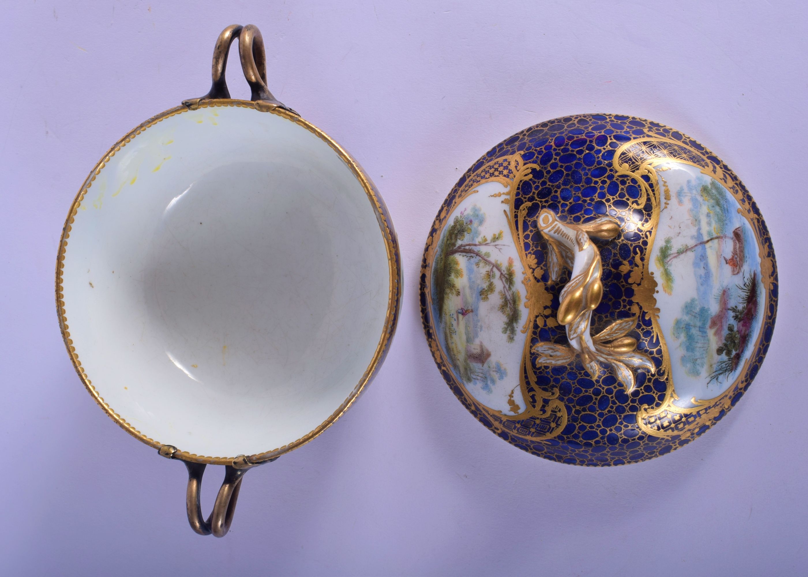 18th c. Sevres ecuelle, cover and stand finely painted with landscape in shaped cartouches surround - Image 3 of 4
