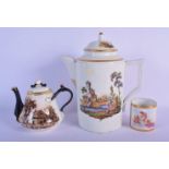 A continental coffee pot and cover, probably Italian,painted with four landscapes, a French teapot a