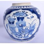 A 19TH CENTURY CHINESE BLUE AND WHITE PORCELAIN GINGER JAR bearing Qianlong marks to base, painted w
