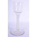 A GEORGE III GLASS with engraved bowl and spiral twist stem. 14.5 cm high.