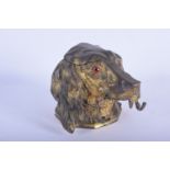 A RARE ANTIQUE COLD PAINTED BRONZE DOG HEAD INKWELL with glass eyes. 10 cm x 10 cm.
