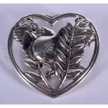 A DANISH STERLING SILVER EART SHAPED BIRD BROOCH. 3.5cm diameter, weight 8g