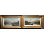 A pair of framed oil on card depicting scenes of Loch's 25 x 54cm (2).