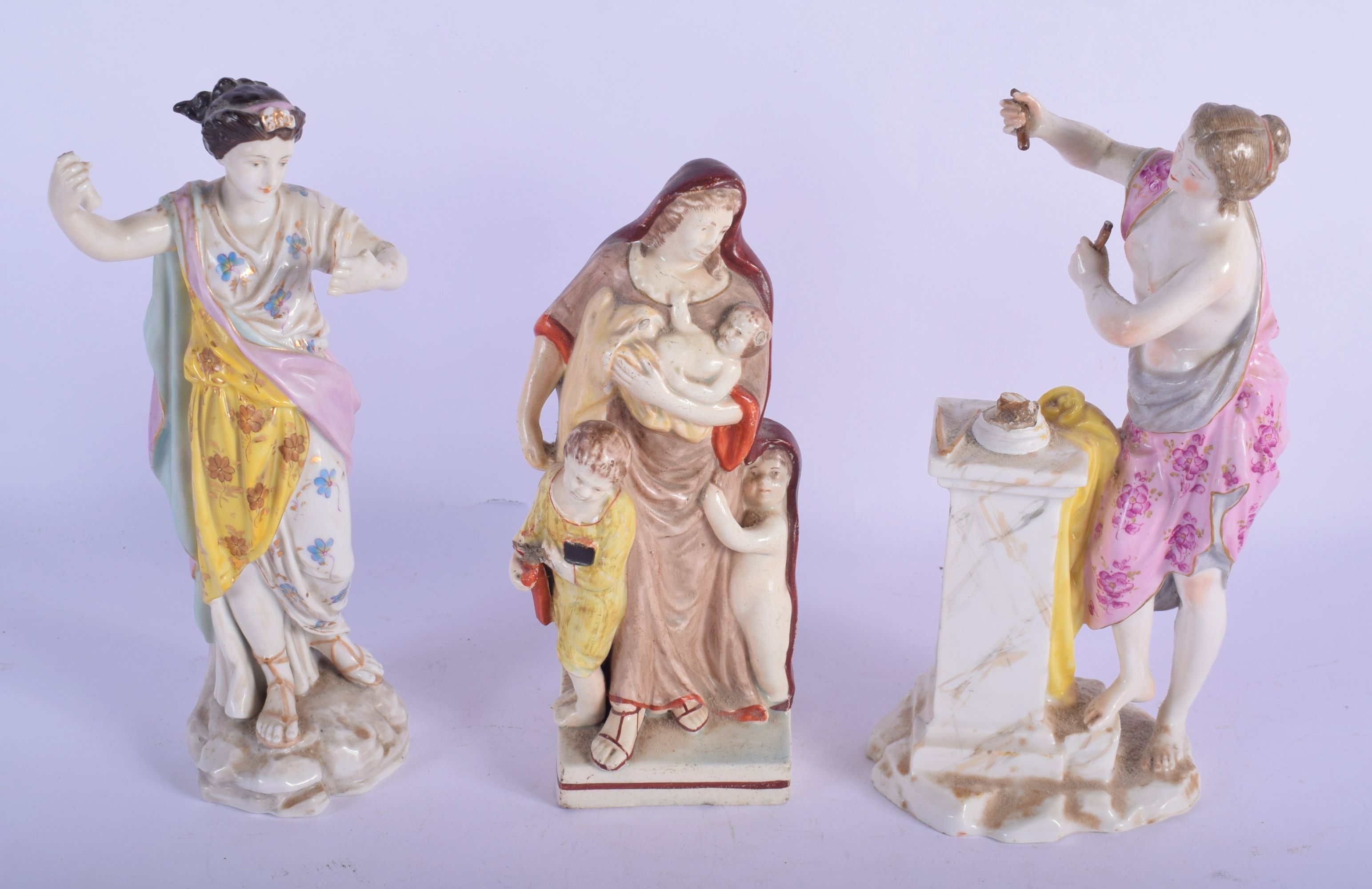 AN EARLY 19TH CENTURY ENGLISH PEARLWARE FIGURE together with two other Continental figures. Largest