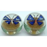 A pair of antique butterfly paperweights 6cm (2)